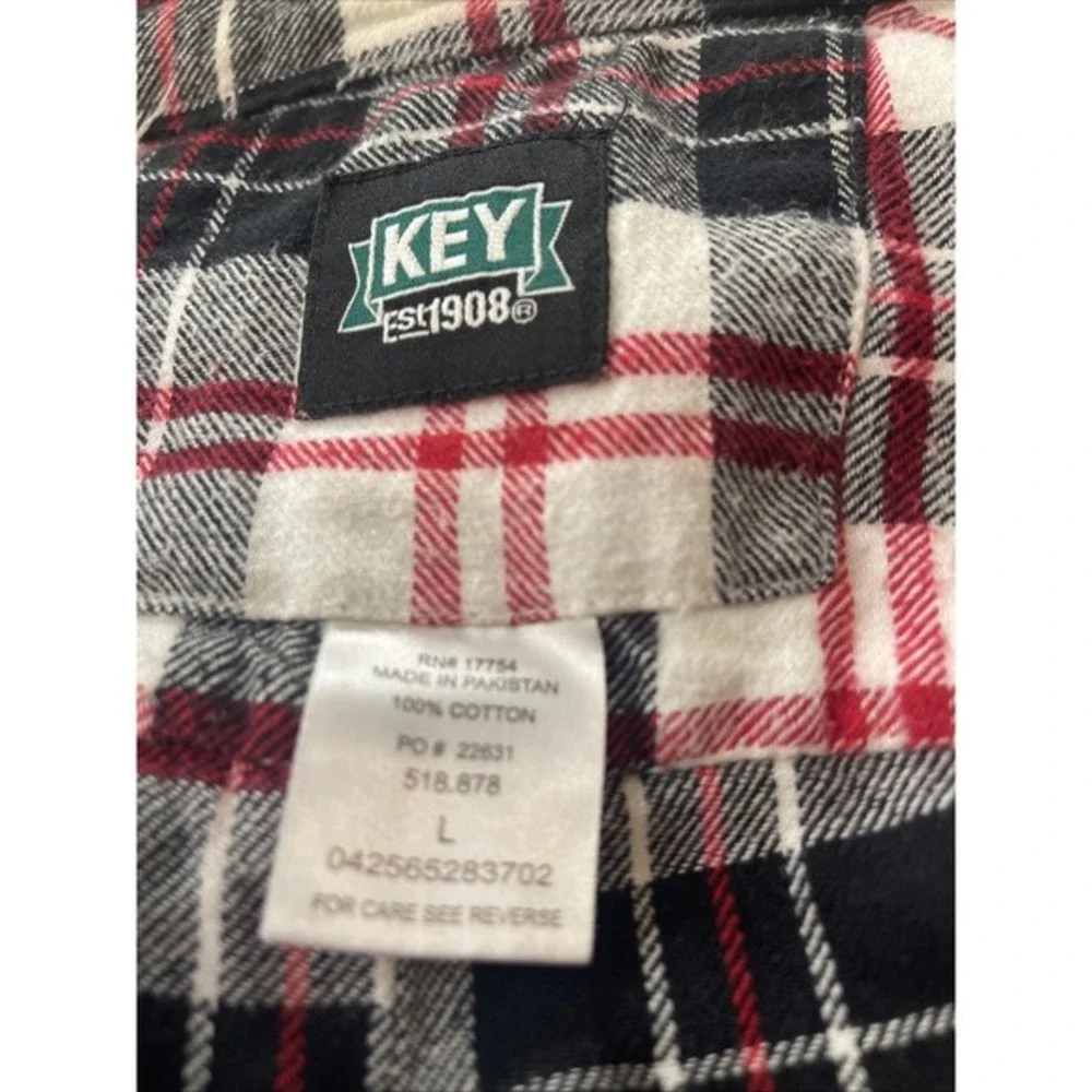 Key‎ Flannel Long Sleeve Button Up Shirt Red Black White Plaid farmcore  outddor